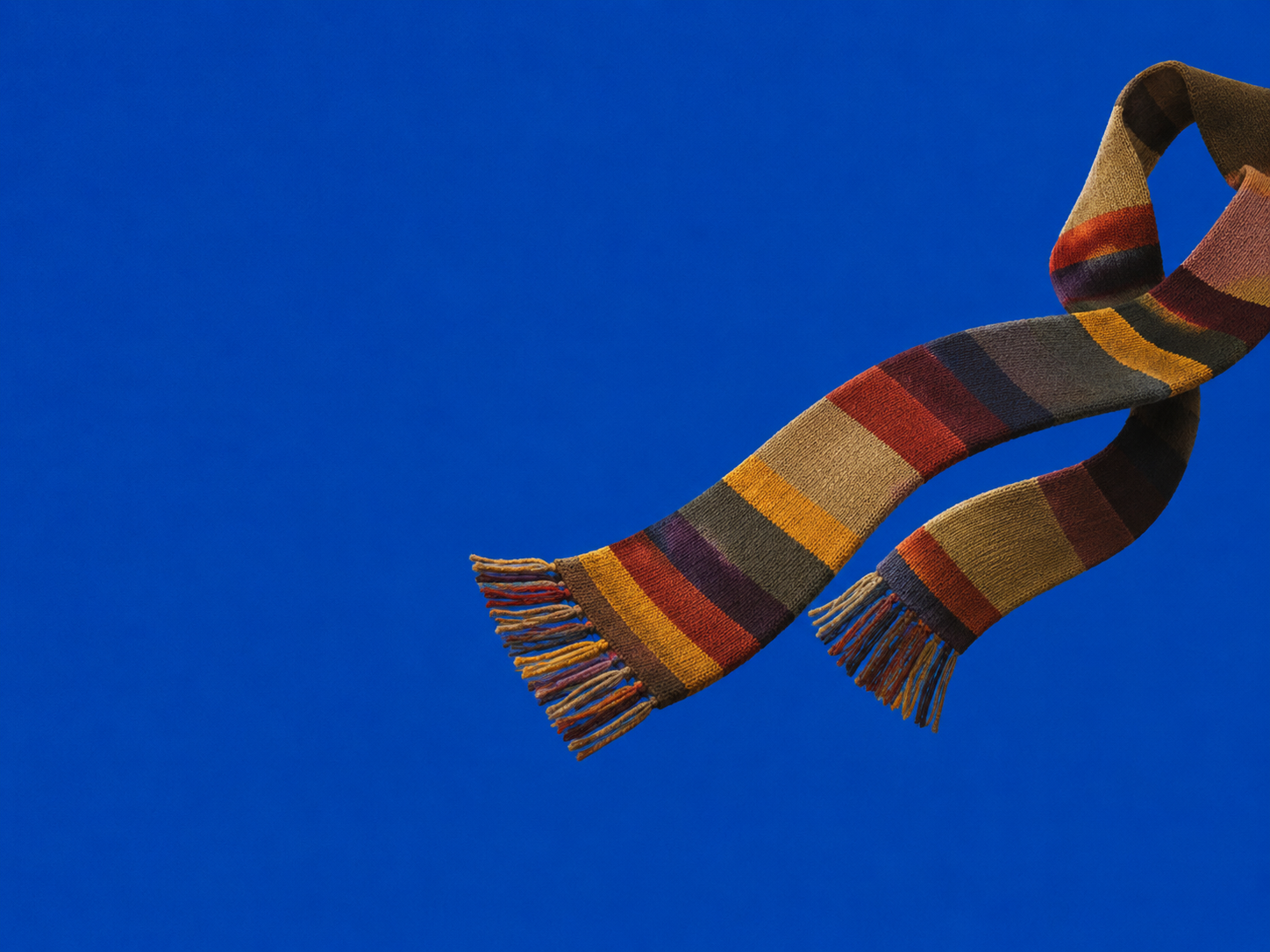 A long, multi-coloured striped knitted scarf with fringed ends, reminiscent of the Fourth Doctor's iconic scarf, displayed against a bright blue background.